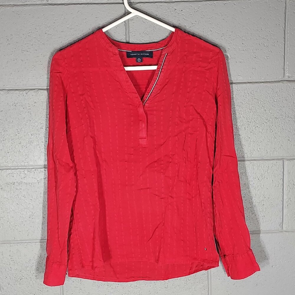 Tommy Hilfiger Cotton Ruched Deep Red Long Sleeve Blouse Top - Size XS